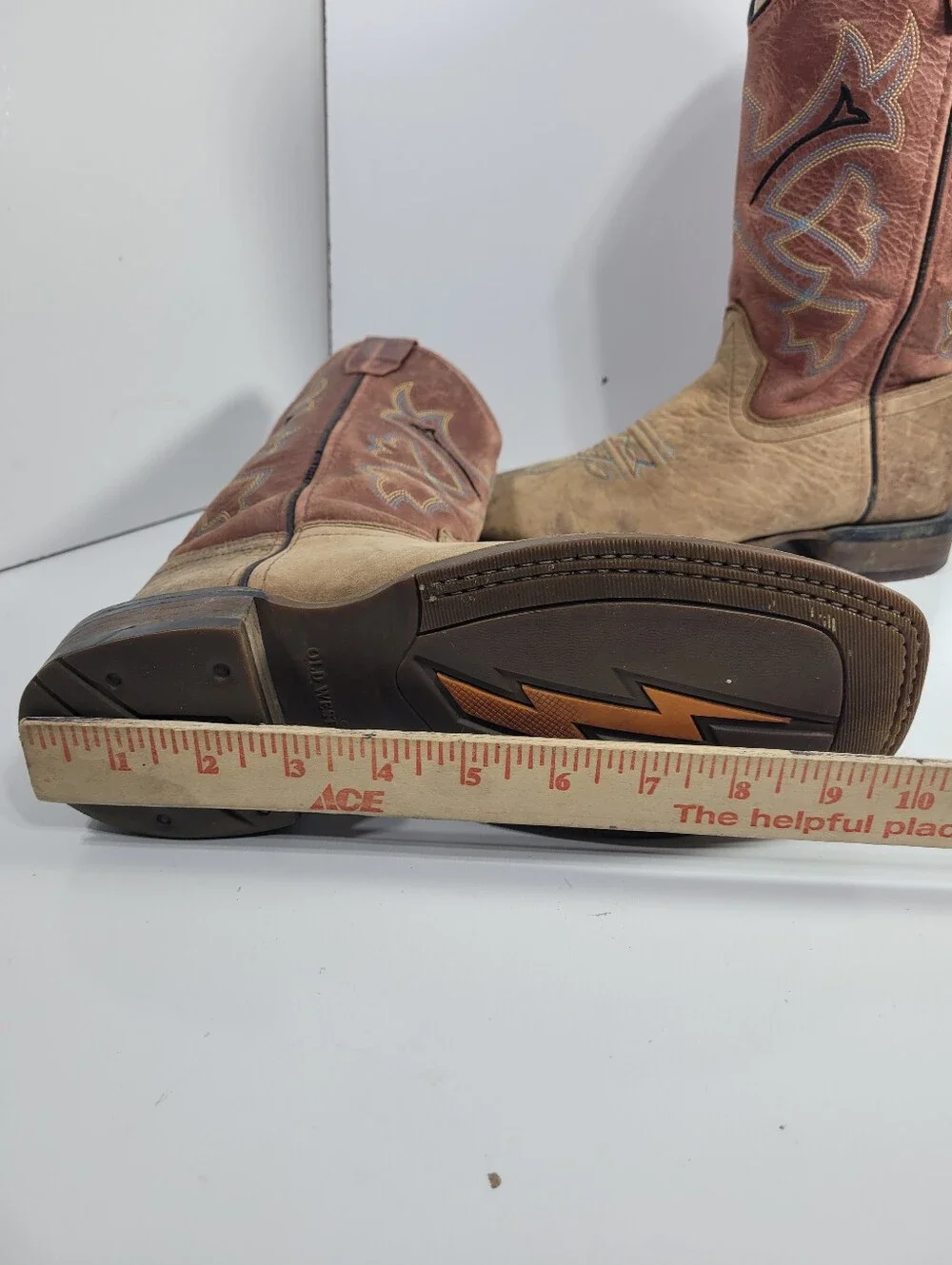 Old West BSY1912 Kids Cowboy Boots Broad Square Toe Tan Leather Youth Size 5 D